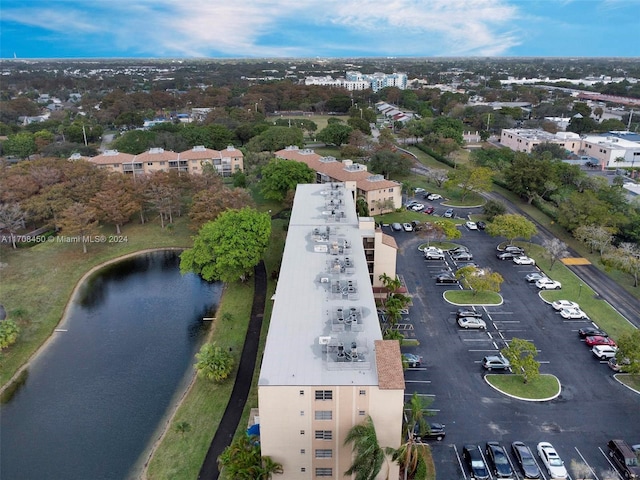 bird's eye view with a water view