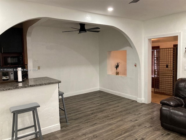 interior space featuring ceiling fan and dark wood-type flooring