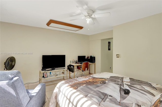 bedroom with ceiling fan and light tile patterned flooring