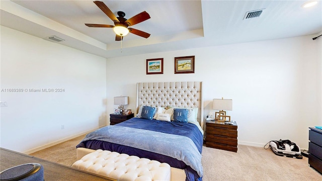 bedroom with carpet, a tray ceiling, and ceiling fan