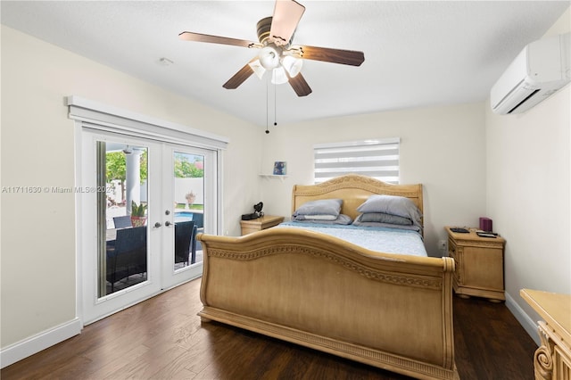 bedroom with ceiling fan, french doors, dark hardwood / wood-style floors, an AC wall unit, and access to outside