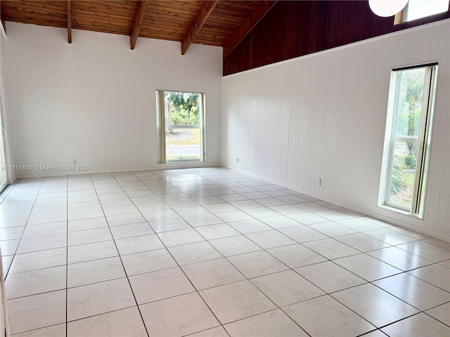 unfurnished room with plenty of natural light, beamed ceiling, and wood ceiling