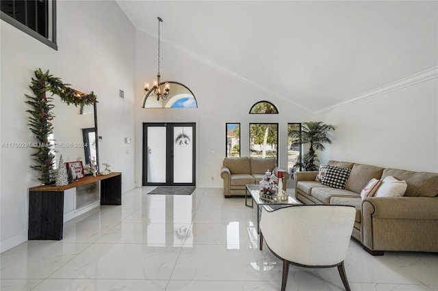 living room featuring a notable chandelier, crown molding, high vaulted ceiling, and french doors