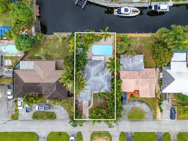 aerial view featuring a water view