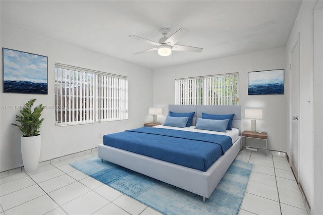 tiled bedroom with ceiling fan