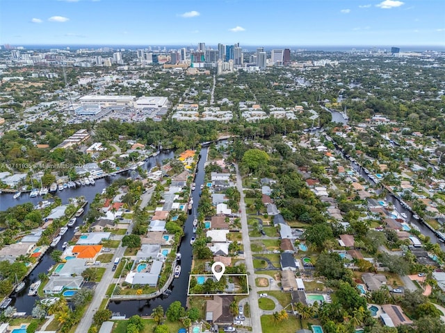 bird's eye view with a water view