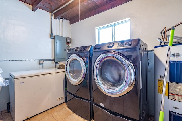 clothes washing area with washer and dryer, wooden ceiling, electric panel, and water heater