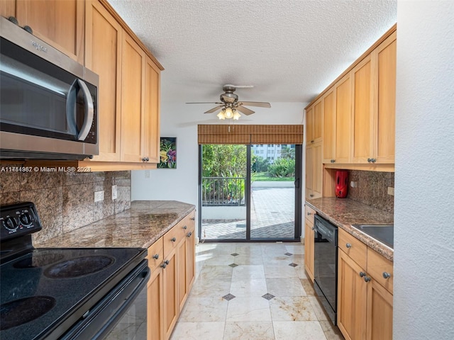 kitchen with decorative backsplash, a textured ceiling, ceiling fan, and black appliances