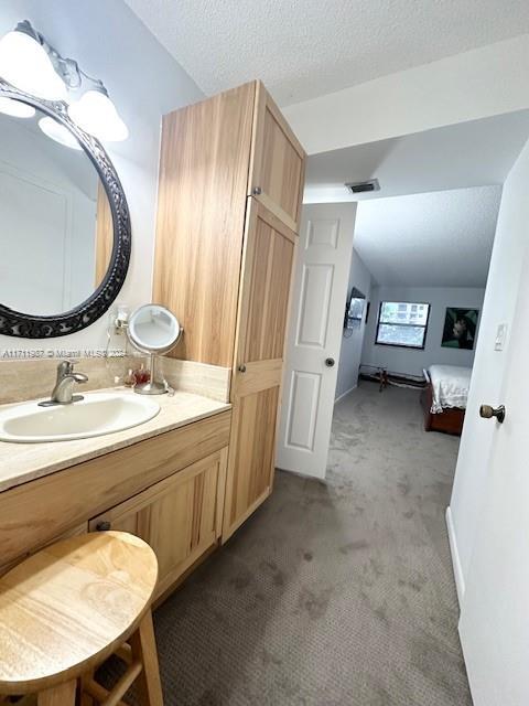 bathroom featuring vanity, a textured ceiling, and vaulted ceiling