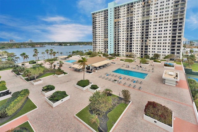 drone / aerial view featuring a water view