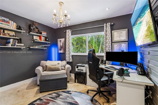 home office featuring a chandelier