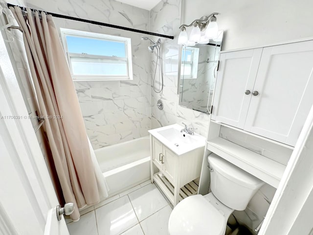 full bathroom with tile patterned flooring, shower / bath combo, vanity, and toilet