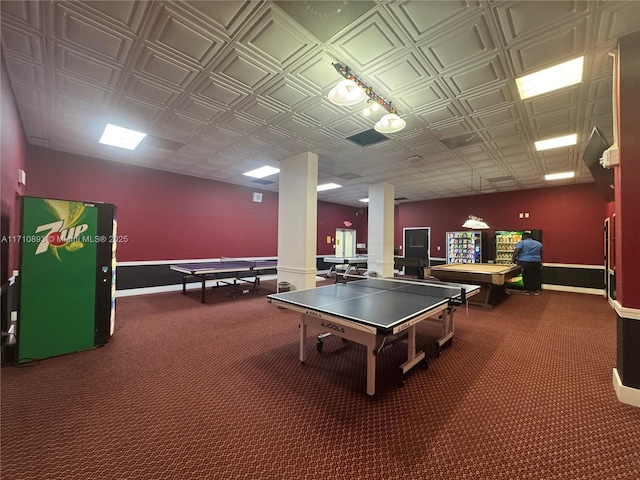 game room with carpet flooring and ornate columns