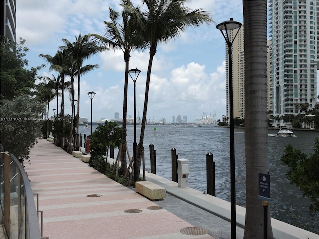 dock area featuring a water view and a city view