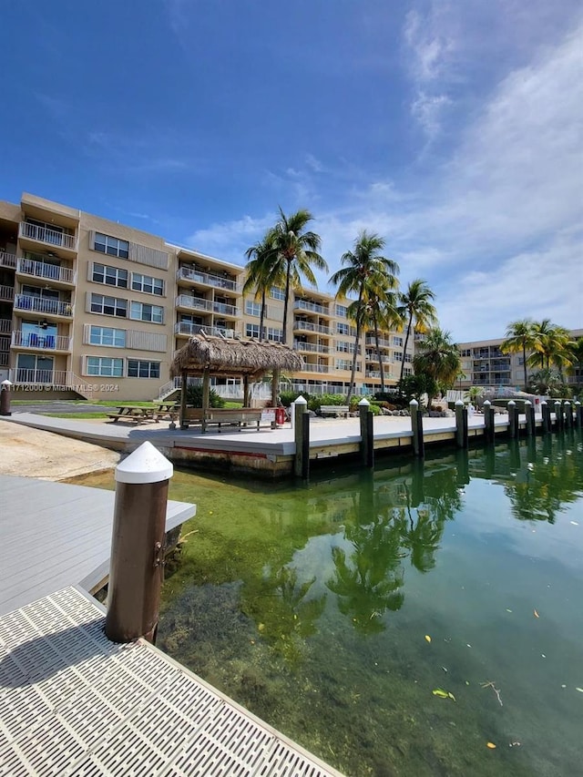 dock area featuring a gazebo and a water view