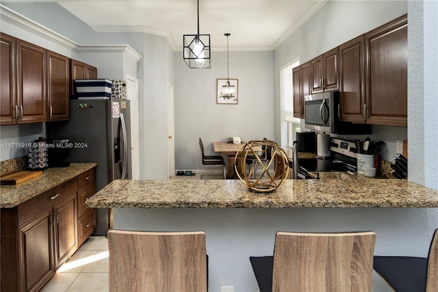 kitchen with kitchen peninsula, dark brown cabinetry, electric stove, and crown molding