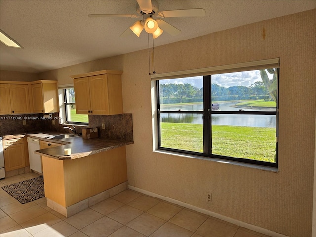 kitchen featuring a water view, sink, light brown cabinetry, and tasteful backsplash