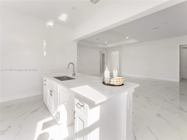 kitchen featuring a center island with sink, white cabinetry, a tray ceiling, and sink