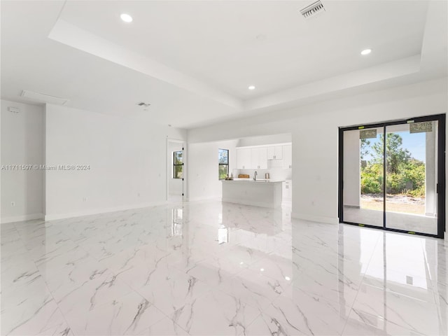 spare room with sink and a tray ceiling