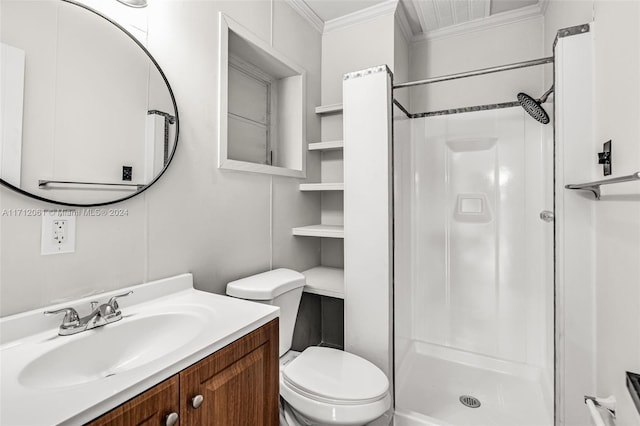 bathroom featuring toilet, a shower, ornamental molding, and vanity