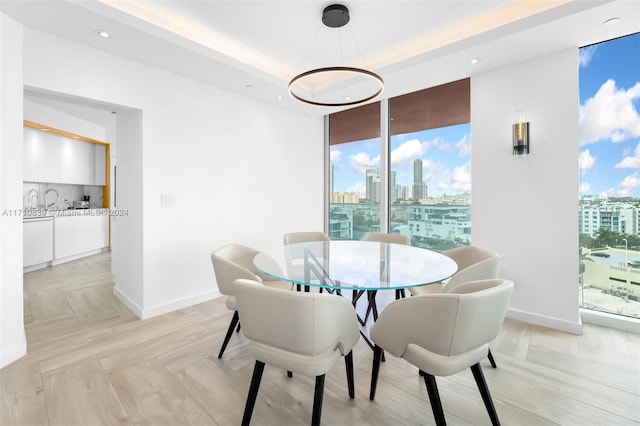 dining space with a tray ceiling, light parquet floors, and a healthy amount of sunlight