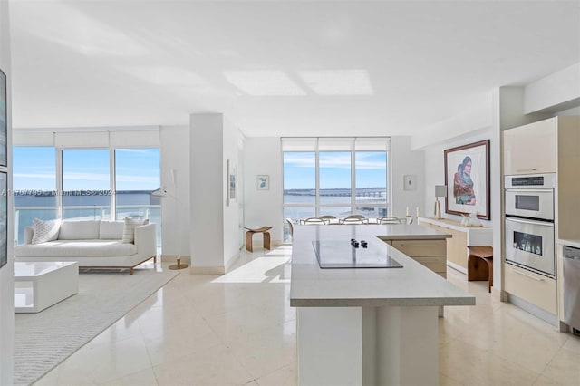 kitchen with a wealth of natural light, a center island, a water view, and appliances with stainless steel finishes