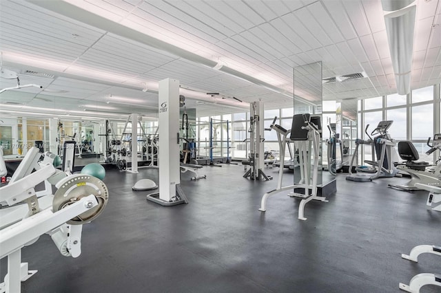 workout area featuring floor to ceiling windows