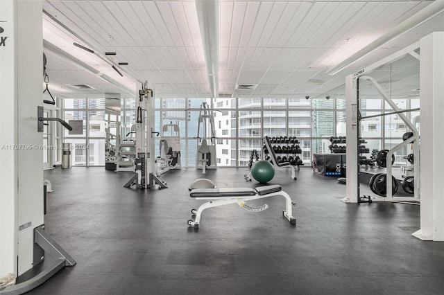 exercise room with floor to ceiling windows and plenty of natural light