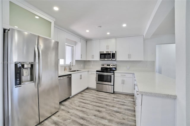 kitchen with sink, stainless steel appliances, light hardwood / wood-style floors, decorative backsplash, and white cabinets