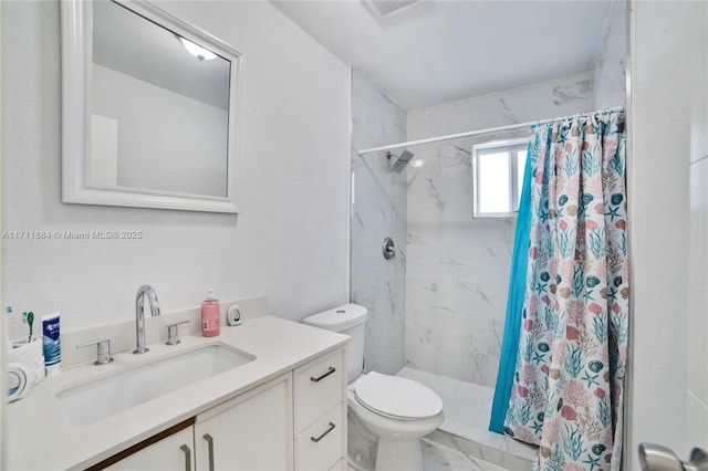 bathroom with vanity, a shower with curtain, and toilet