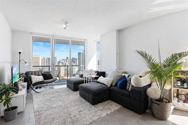 living room featuring a wall of windows