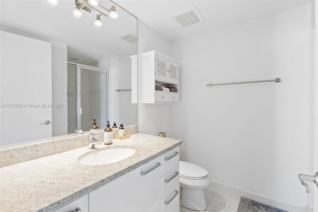 full bath featuring toilet, tile patterned flooring, visible vents, and a shower stall