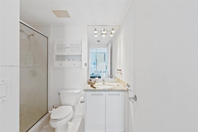 full bathroom with tile patterned flooring, toilet, visible vents, vanity, and a shower stall