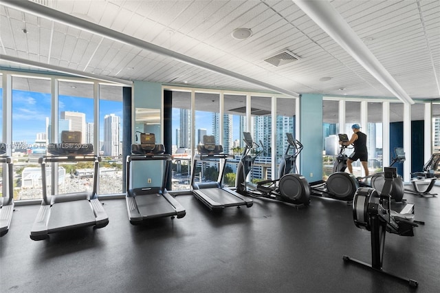 workout area featuring a healthy amount of sunlight, a wall of windows, and a city view