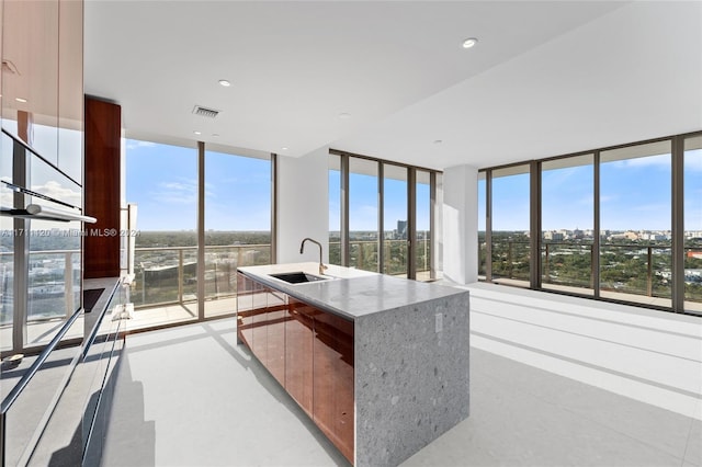 kitchen featuring a center island with sink, light stone counters, expansive windows, and sink