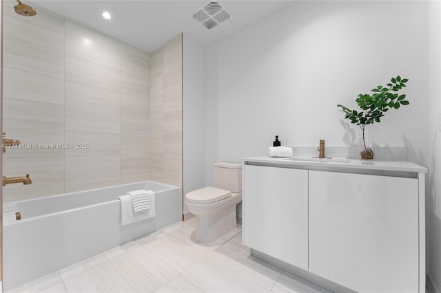 bathroom with vanity, visible vents, recessed lighting, toilet, and tile patterned floors