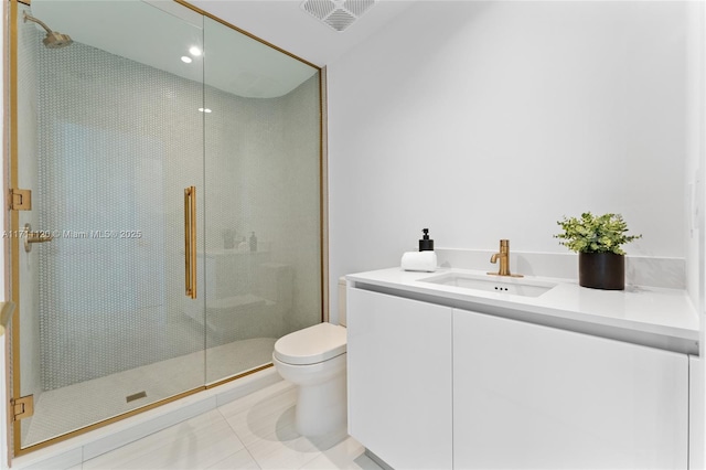 bathroom featuring tile patterned floors, recessed lighting, toilet, a shower stall, and visible vents
