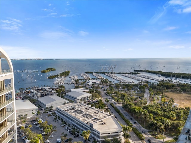 bird's eye view with a water view