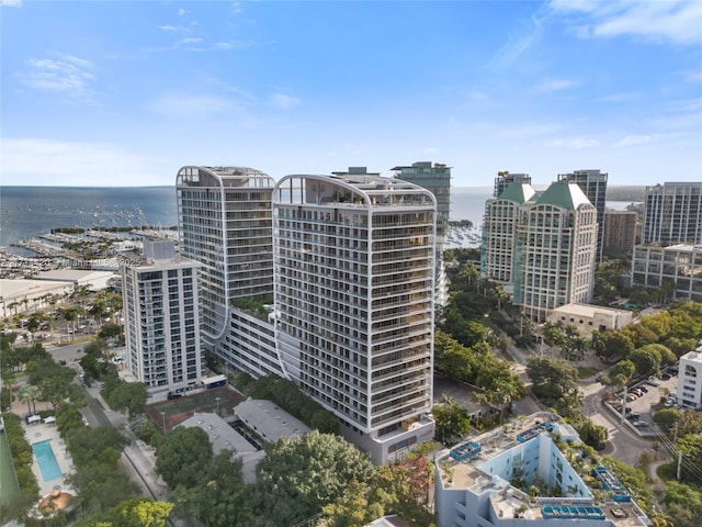 aerial view featuring a water view and a city view