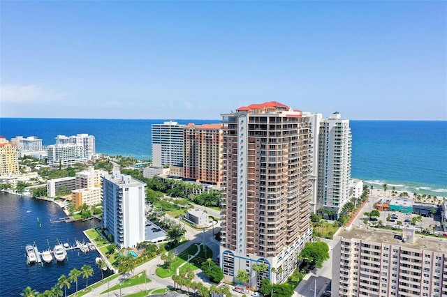 drone / aerial view with a water view