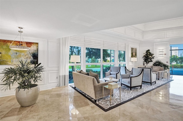 living room with crown molding