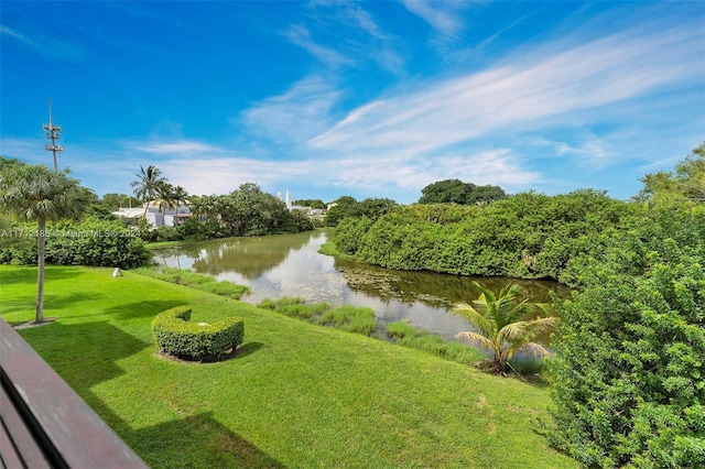 surrounding community featuring a lawn and a water view