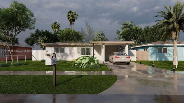 view of front facade featuring a carport and a front lawn