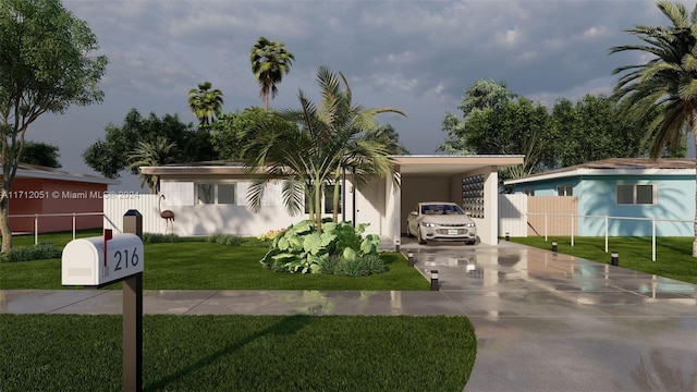 view of front of house with a front yard and a carport