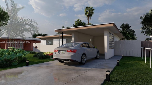 exterior space featuring a carport and a front yard