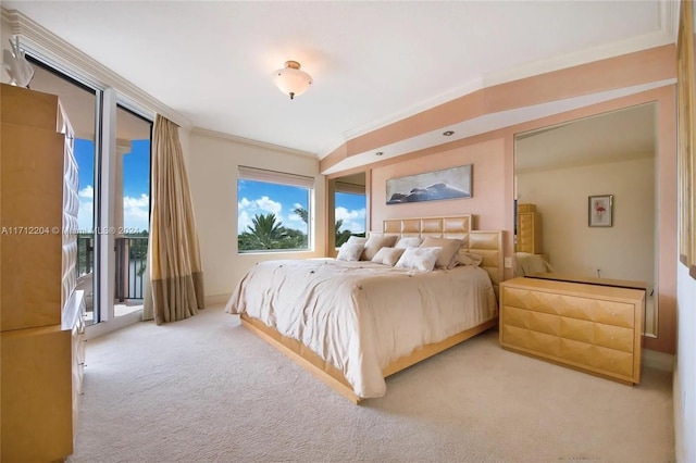 bedroom featuring light carpet and crown molding