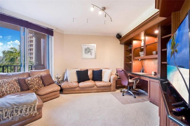 carpeted home office with built in desk and crown molding