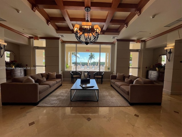 living room featuring a notable chandelier, beam ceiling, crown molding, and coffered ceiling