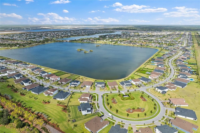 drone / aerial view with a water view