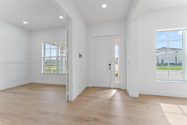 entryway with a wealth of natural light and light hardwood / wood-style flooring